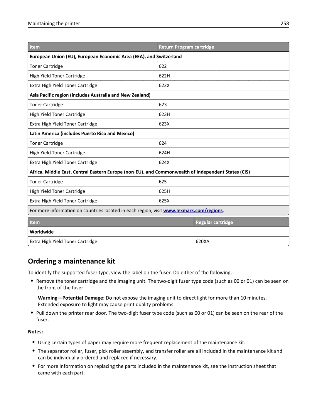 Lexmark MX810DFE, 836, 24T0041 manual Ordering a maintenance kit, Maintaining the printer 258, Regular cartridge 