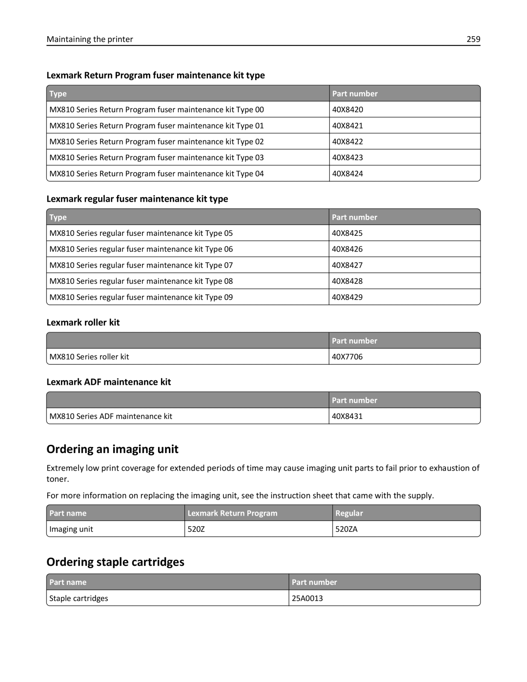 Lexmark 24T0041, MX810DFE, 836 manual Ordering an imaging unit, Ordering staple cartridges 