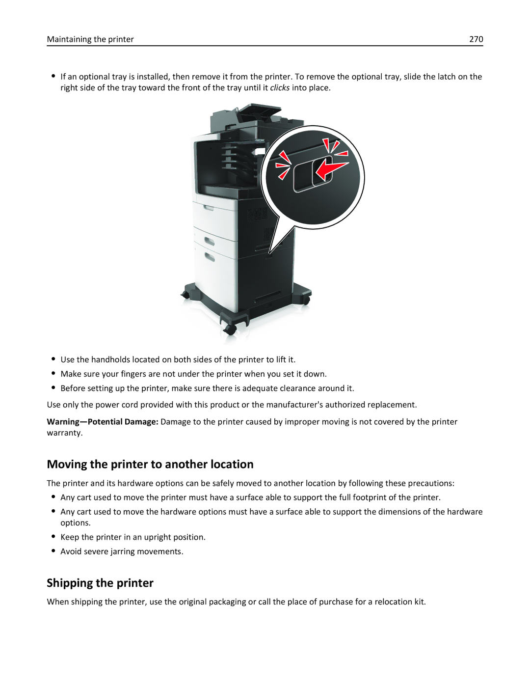 Lexmark MX810DFE, 836, 24T0041 manual Moving the printer to another location, Shipping the printer 