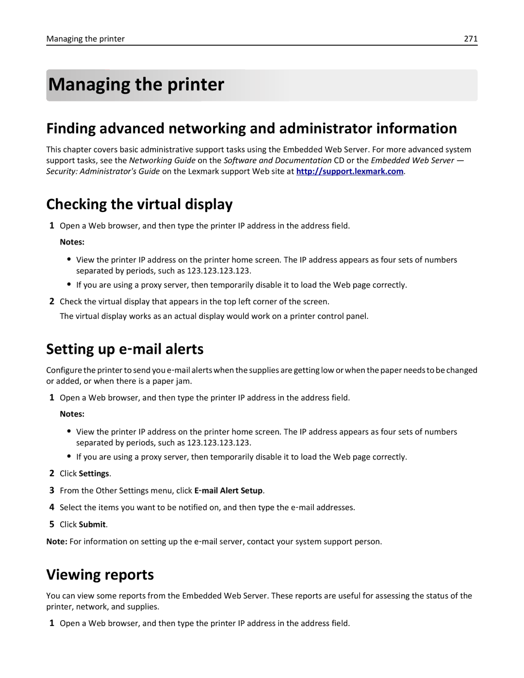 Lexmark 24T0041 Managing the printer, Finding advanced networking and administrator information, Setting up e‑mail alerts 