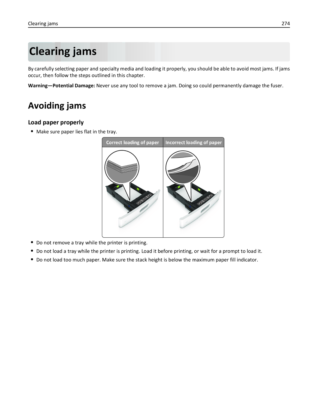 Lexmark MX810DFE, 836 Avoiding jams, Load paper properly, Clearing jams 274, Make sure paper lies flat in the tray 