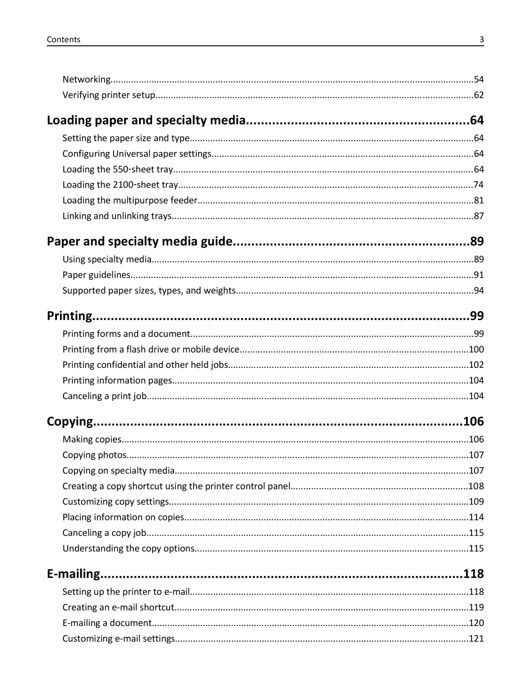 Lexmark 24T0041 Loading paper and specialty media, Paper and specialty media guide, Printing, Copying 106, Mailing 118 