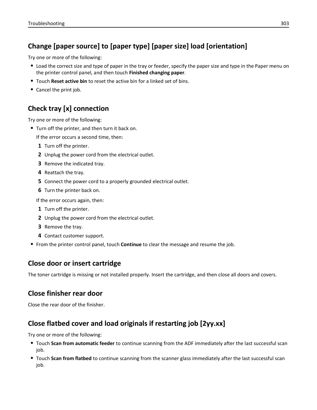 Lexmark 24T0041 Check tray x connection, Close door or insert cartridge, Close finisher rear door, Troubleshooting 303 