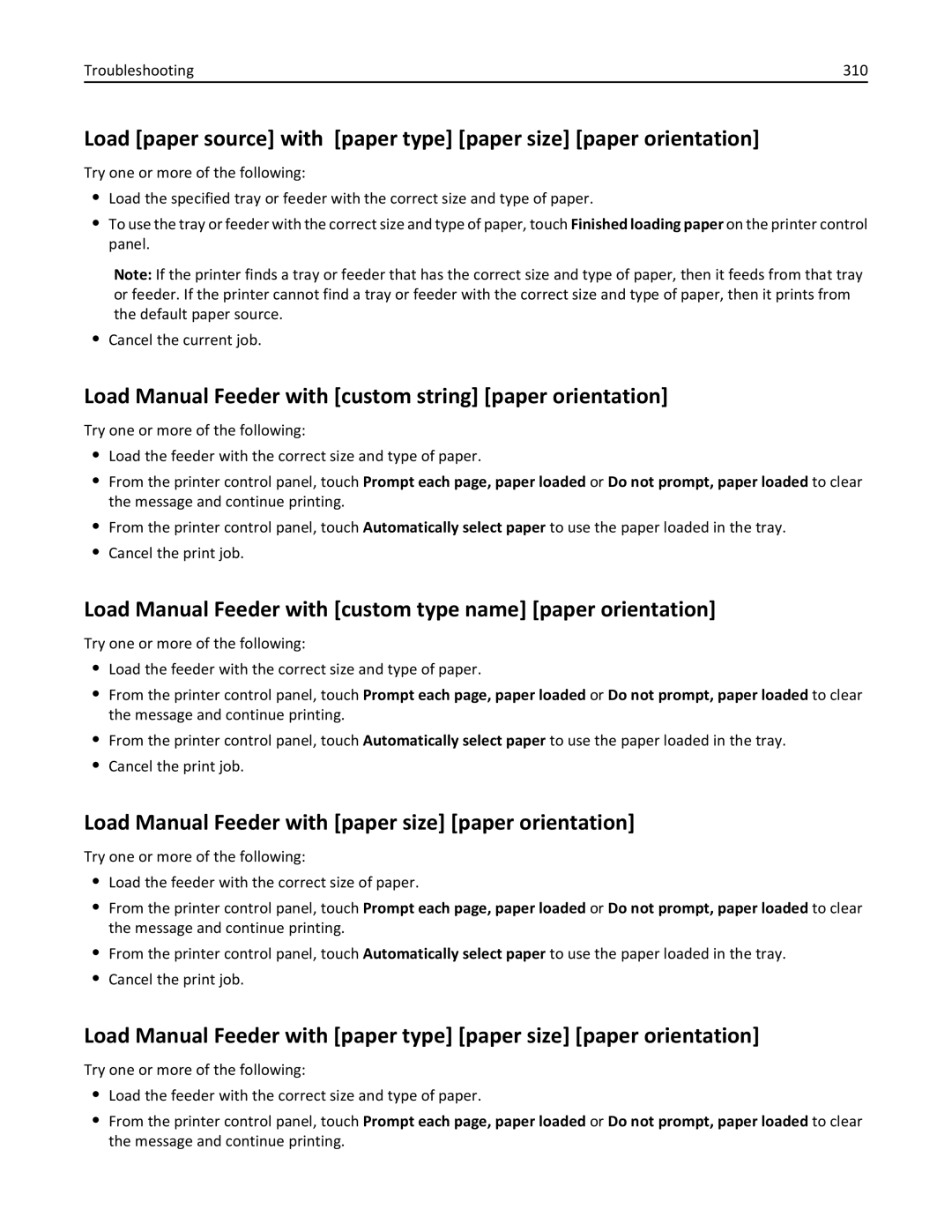 Lexmark MX810DFE, 836, 24T0041 manual Load Manual Feeder with custom string paper orientation, Troubleshooting 310 