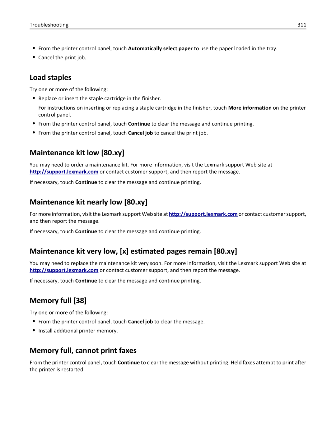 Lexmark 24T0041, MX810DFE, 836 manual Load staples, Maintenance kit low 80.xy, Maintenance kit nearly low 80.xy, Memory full 