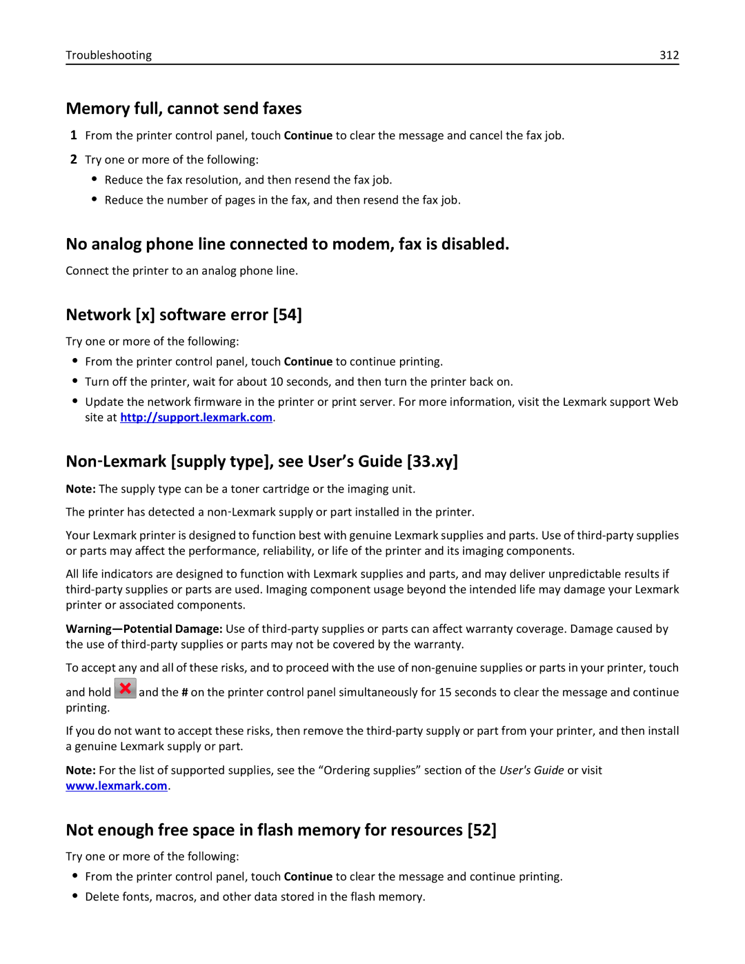 Lexmark MX810DFE, 836, 24T0041 Memory full, cannot send faxes, No analog phone line connected to modem, fax is disabled 