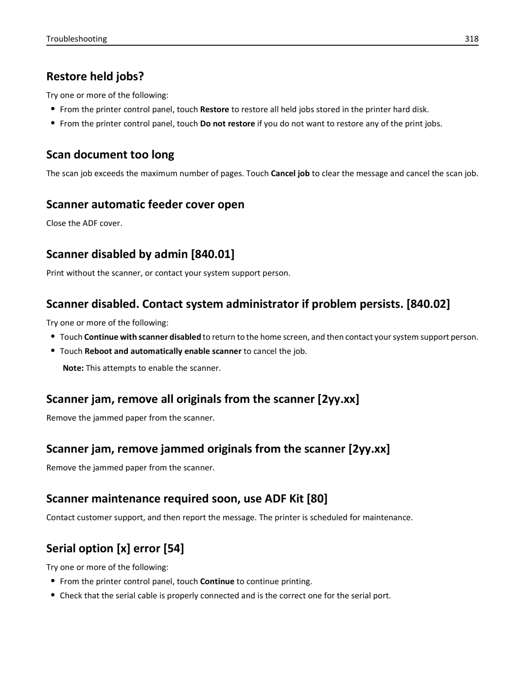 Lexmark MX810 Restore held jobs?, Scan document too long, Scanner automatic feeder cover open, Scanner disabled by admin 