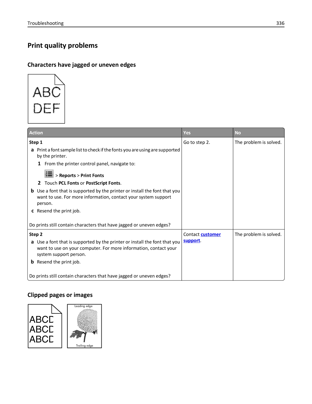 Lexmark MX810DFE, 836, 24T0041 manual Print quality problems, Characters have jagged or uneven edges, Clipped pages or images 