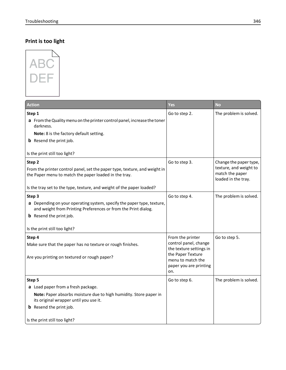 Lexmark MX810DFE, 836, 24T0041 manual Print is too light, Troubleshooting 346 