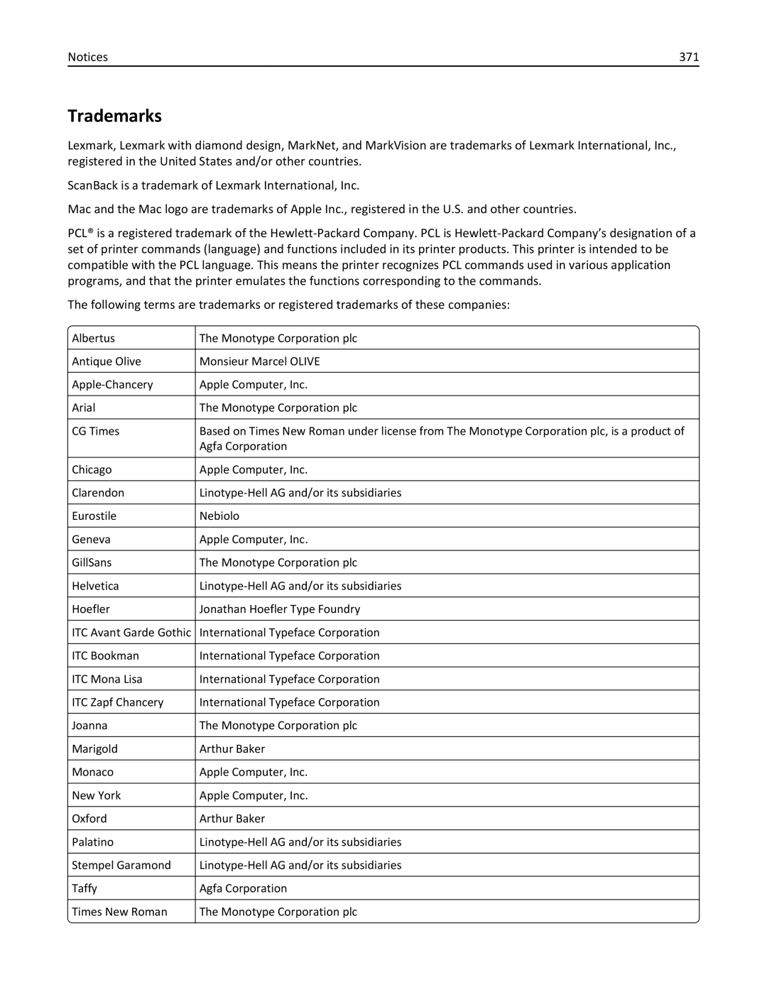 Lexmark 24T0041, MX810DFE, 836 manual Trademarks, 371 