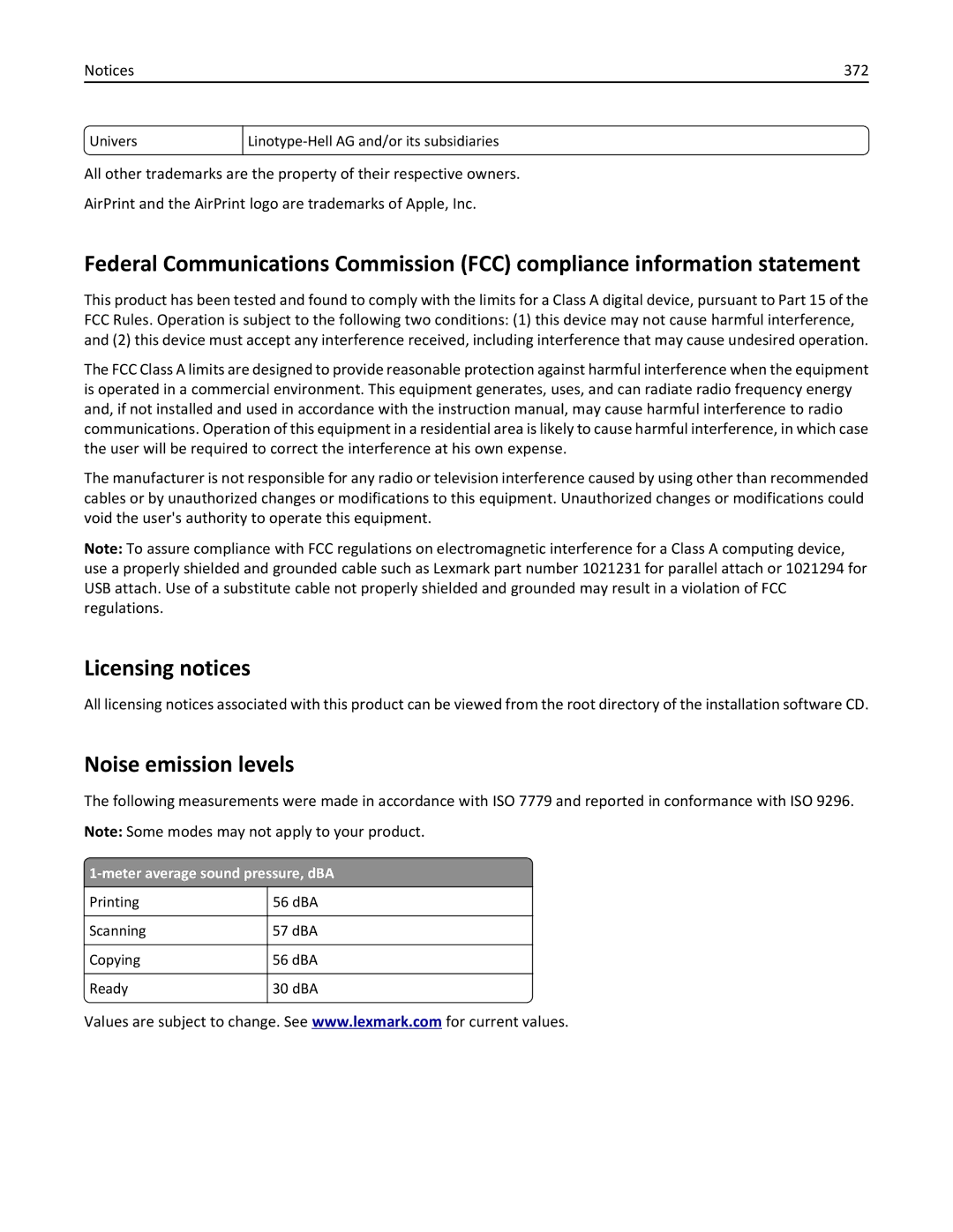 Lexmark MX810DFE, 836, 24T0041 manual Licensing notices, Noise emission levels, 372, Meter average sound pressure, dBA 