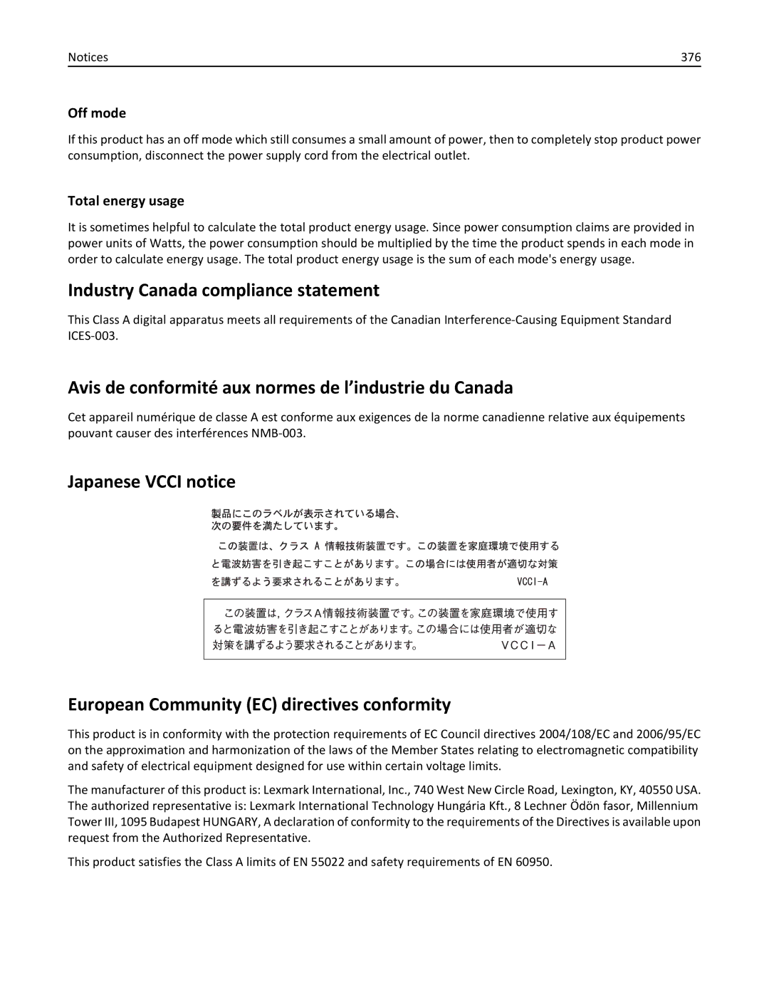 Lexmark MX810DFE Industry Canada compliance statement, Avis de conformité aux normes de l’industrie du Canada, Off mode 