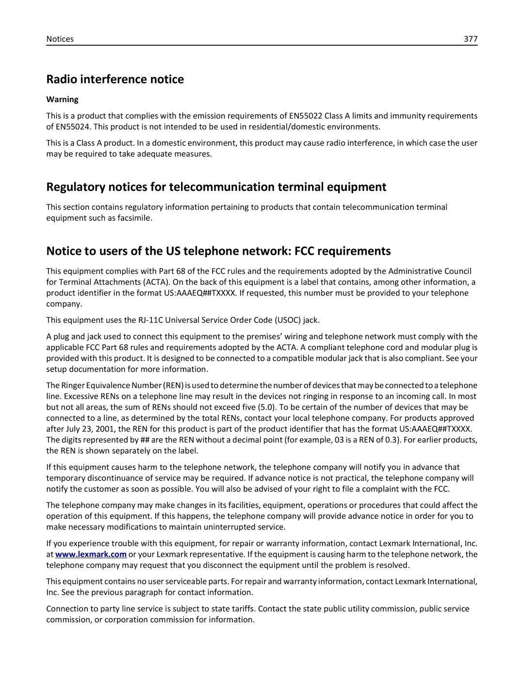 Lexmark 836, MX810DFE, 24T0041 Radio interference notice, Regulatory notices for telecommunication terminal equipment, 377 