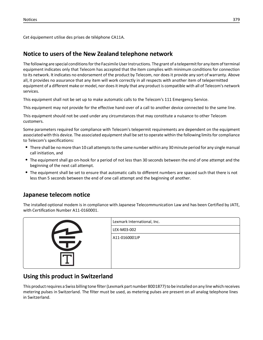 Lexmark 24T0041, MX810DFE, 836 manual Japanese telecom notice, Using this product in Switzerland, 379 