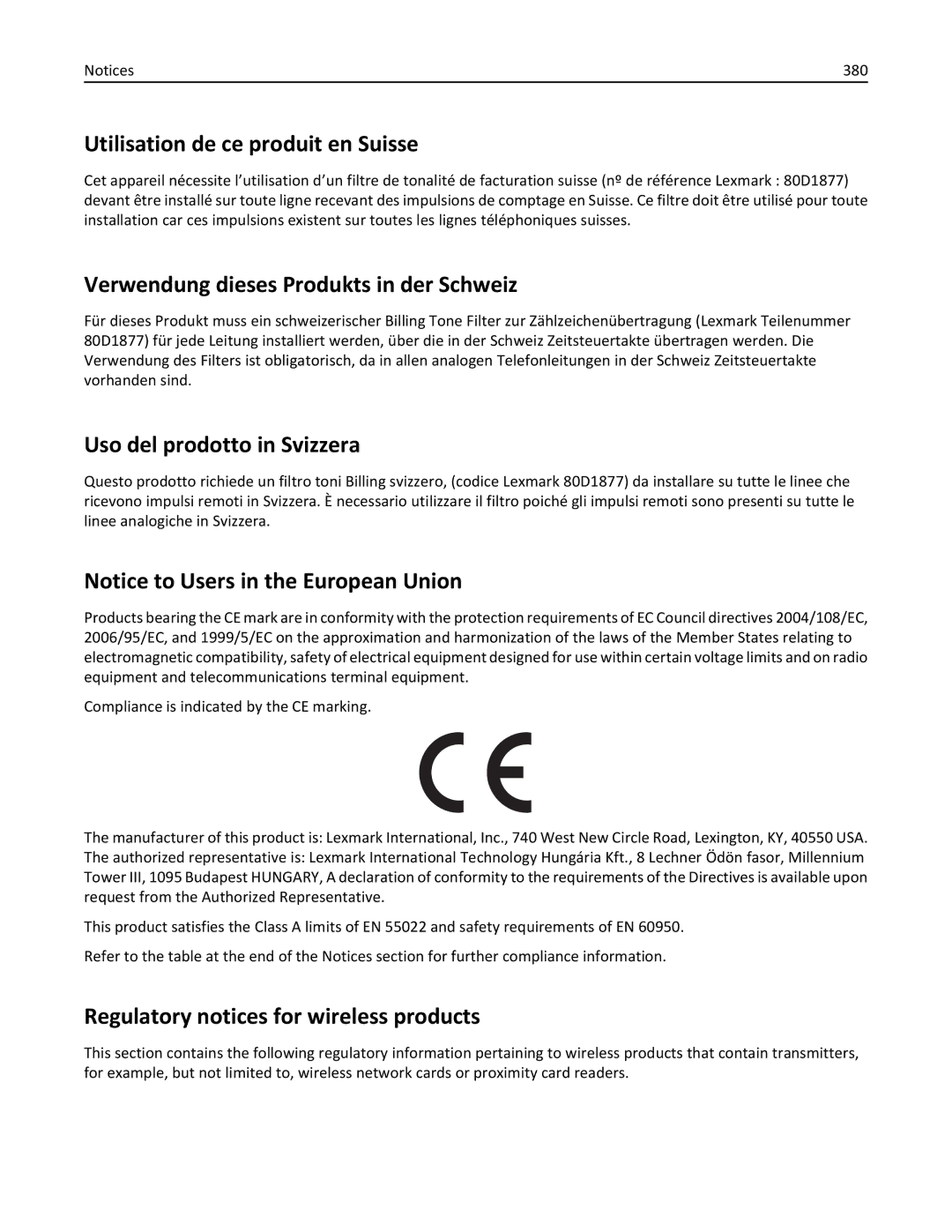 Lexmark MX810DFE, 836, 24T0041 manual Utilisation de ce produit en Suisse, Verwendung dieses Produkts in der Schweiz, 380 