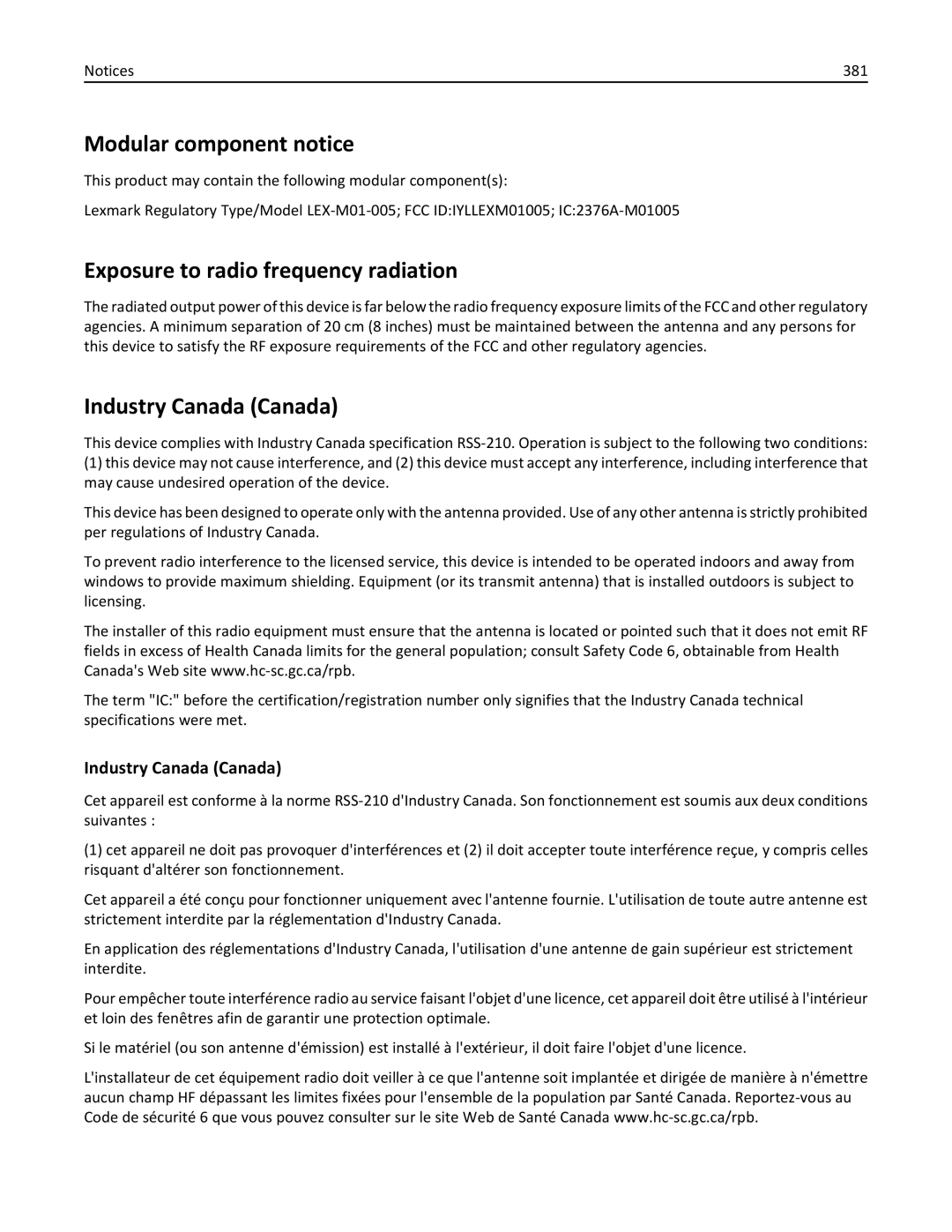 Lexmark 836, MX810DFE, 24T0041 Modular component notice, Exposure to radio frequency radiation, Industry Canada Canada, 381 