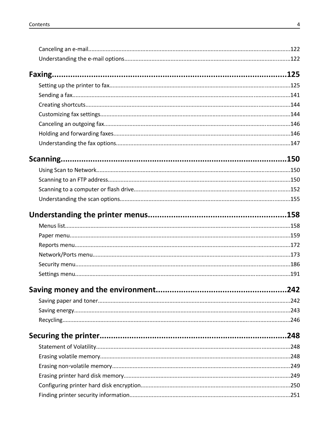 Lexmark MX810DFE, 836 Faxing 125, Scanning 150, Understanding the printer menus 158, Saving money and the environment 242 