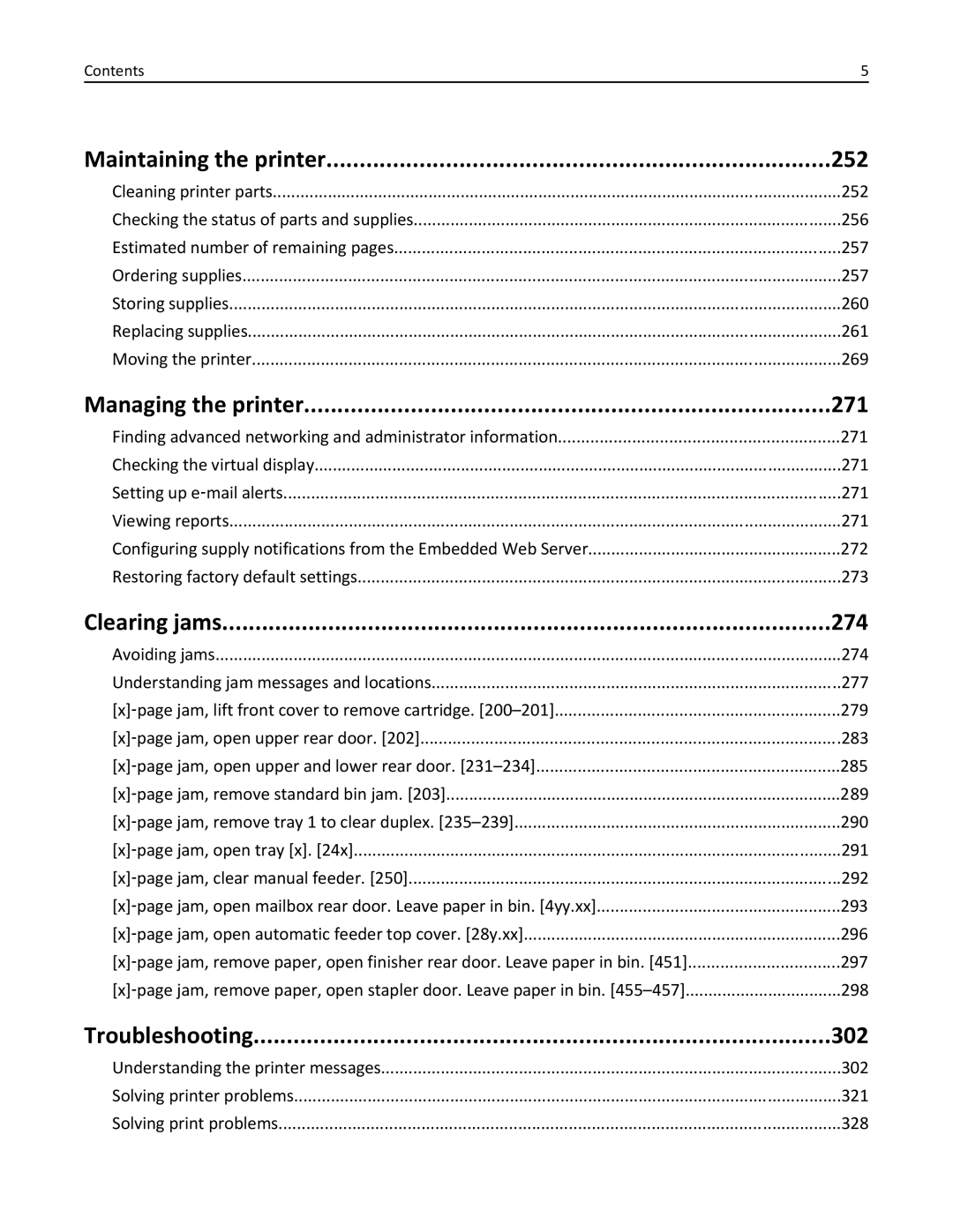 Lexmark 836, MX810DFE manual Maintaining the printer 252, Managing the printer 271, Clearing jams 274, Troubleshooting 302 