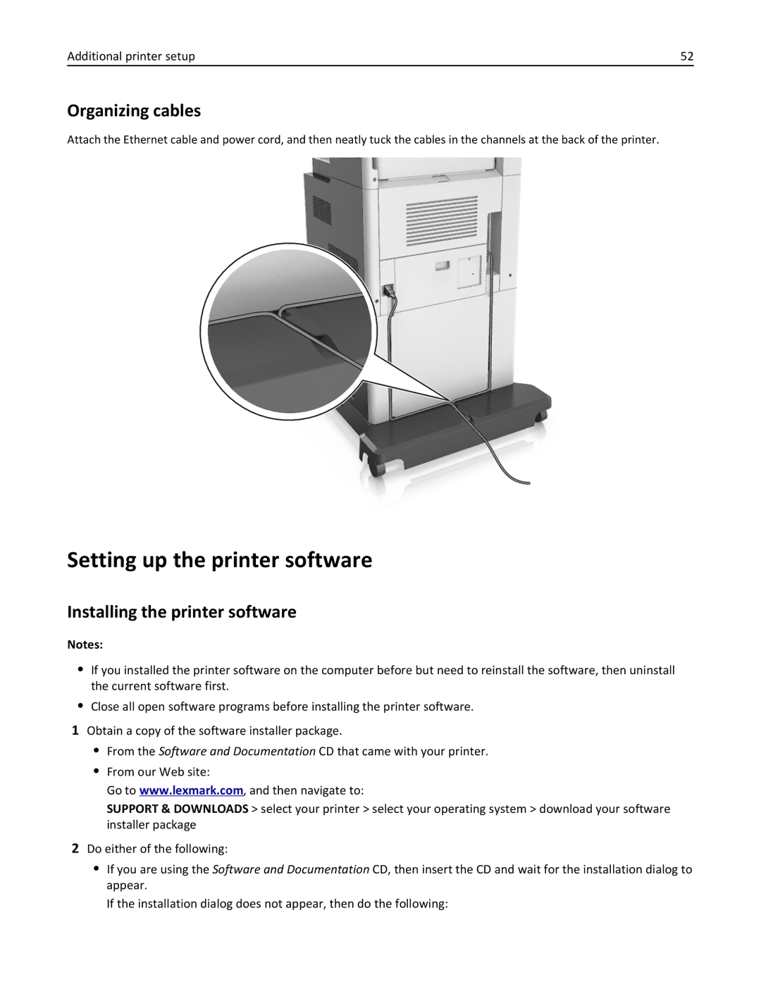 Lexmark MX810DFE, 836, 24T0041 manual Setting up the printer software, Organizing cables, Installing the printer software 