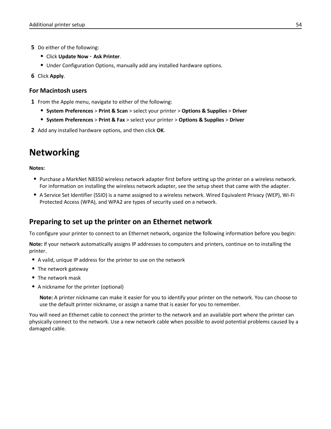 Lexmark MX810DFE Networking, Preparing to set up the printer on an Ethernet network, Click Update Now ‑ Ask Printer 