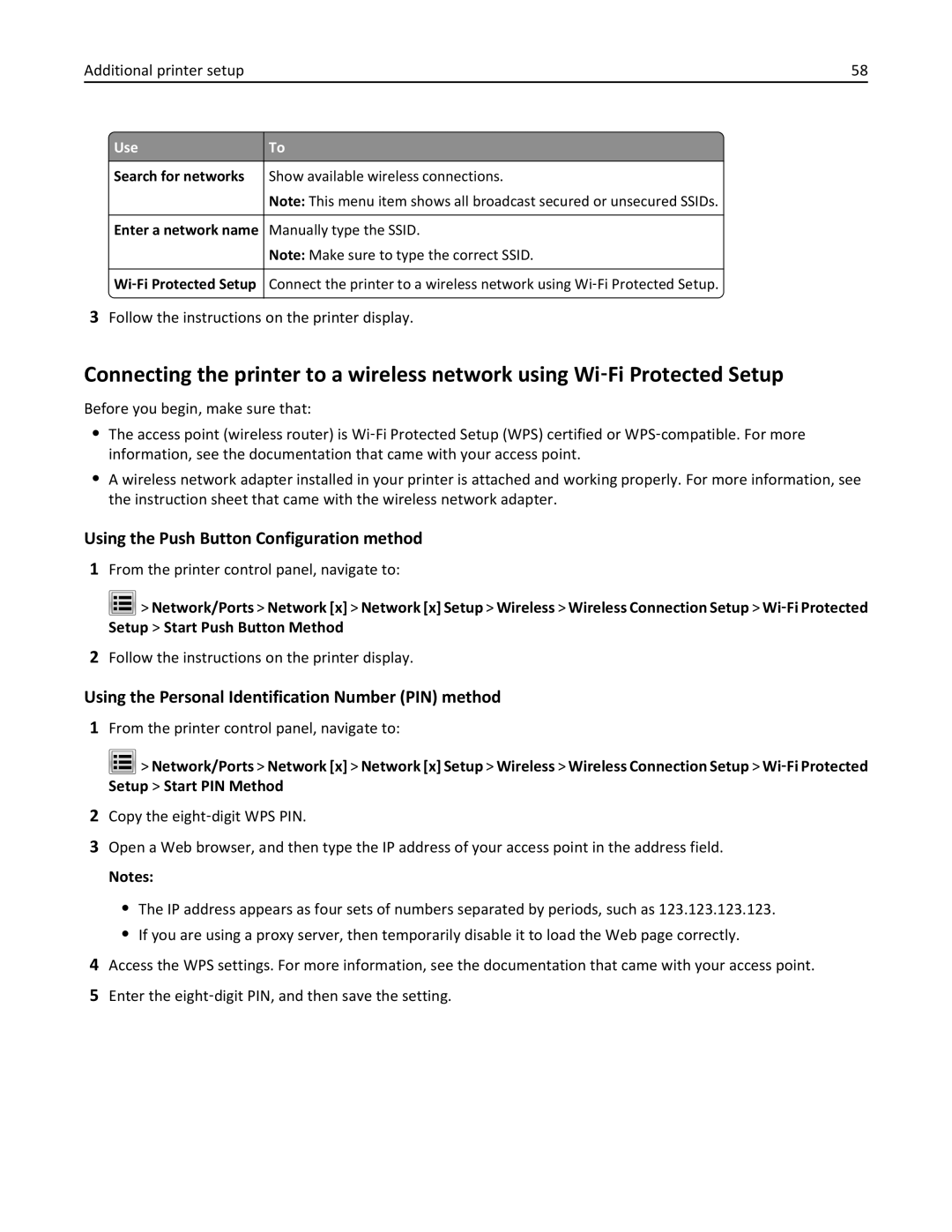 Lexmark MX810DFE, 836 Using the Push Button Configuration method, Using the Personal Identification Number PIN method 