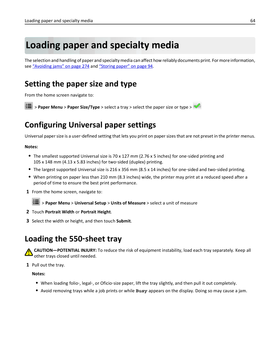 Lexmark MX810DFE Loading paper and specialty media, Setting the paper size and type, Configuring Universal paper settings 