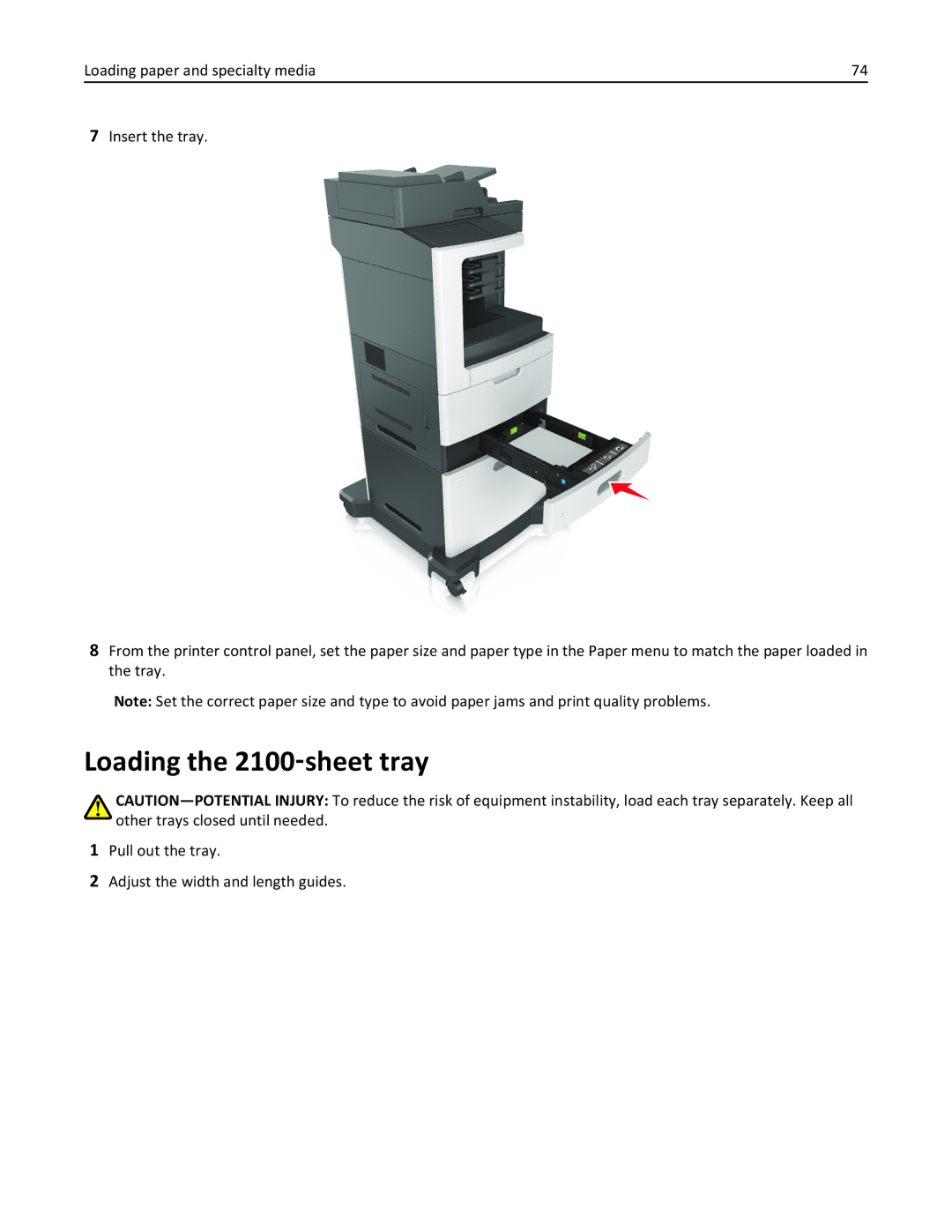 Lexmark MX810DFE, 836, 24T0041 manual Loading the 2100‑sheet tray, Pull out the tray Adjust the width and length guides 