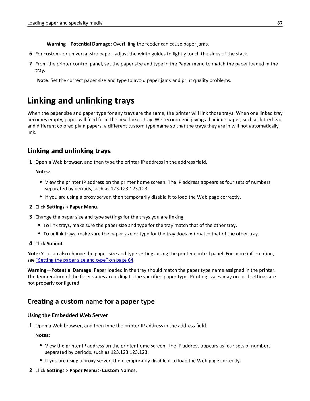 Lexmark 24T0041, 836 Linking and unlinking trays, Creating a custom name for a paper type, Using the Embedded Web Server 