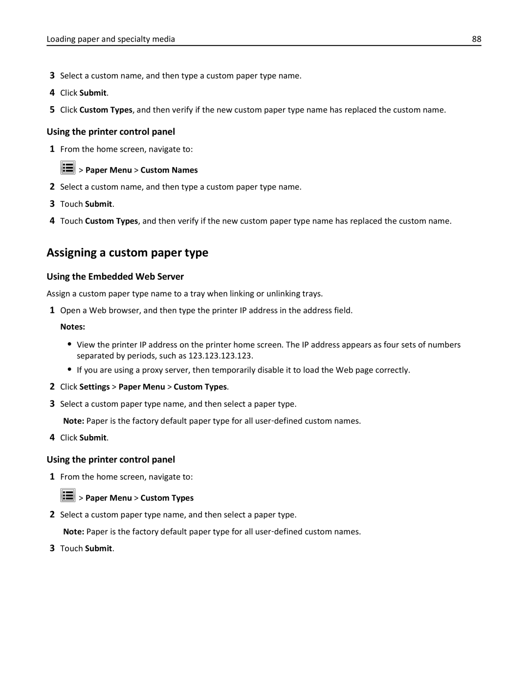 Lexmark MX810DFE, 836, 24T0041 manual Assigning a custom paper type, Using the printer control panel, Paper Menu Custom Names 