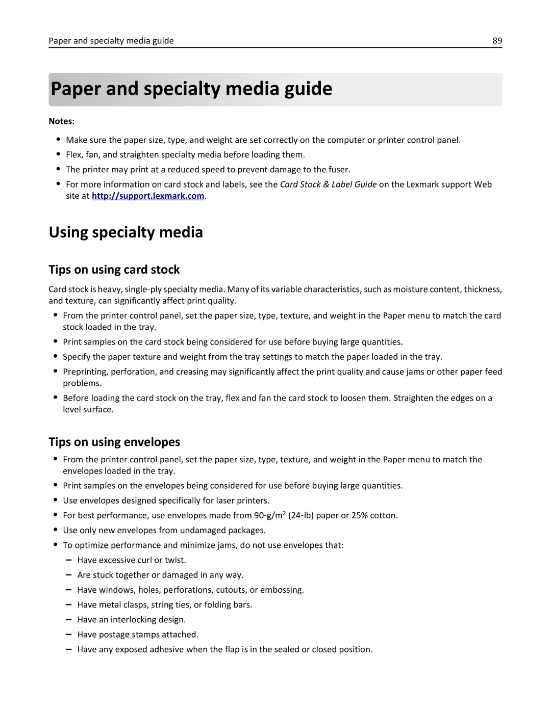 Lexmark 836 Paper and specialty media guide, Using specialty media, Tips on using card stock, Tips on using envelopes 