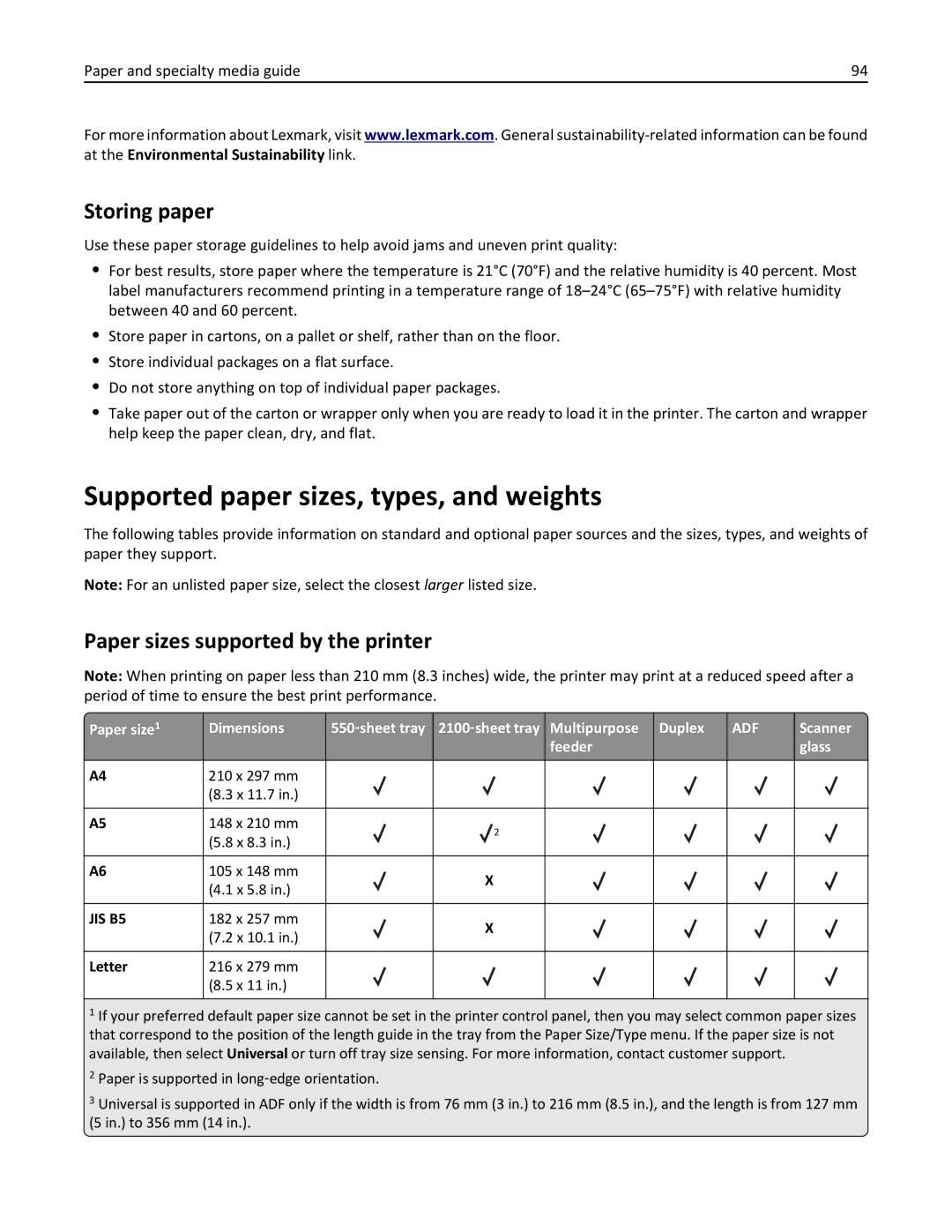 Lexmark MX810DFE, 836 Supported paper sizes, types, and weights, Storing paper, Paper sizes supported by the printer 