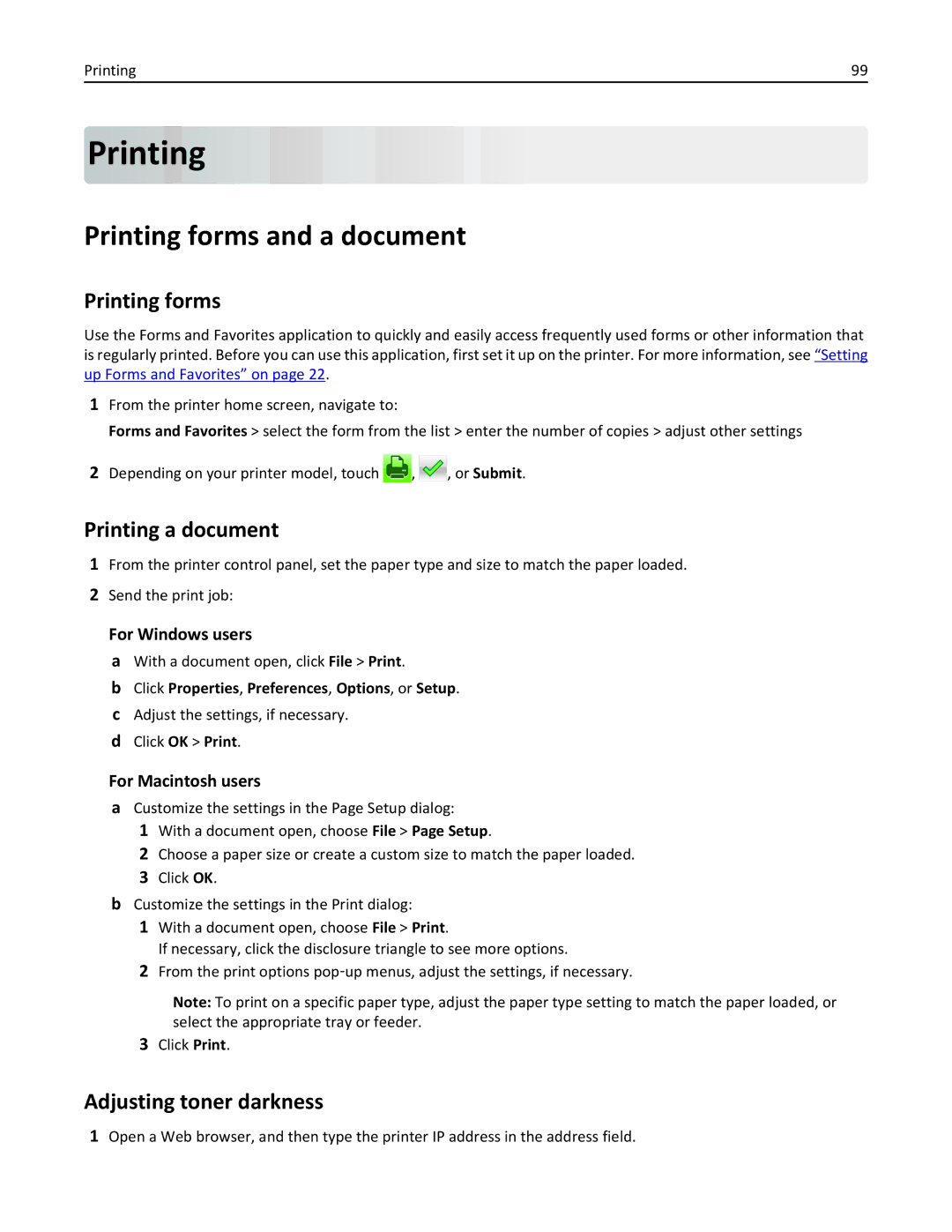 Lexmark 24T0041, MX810DFE, 836 manual Printing forms and a document, Printing a document, Adjusting toner darkness 