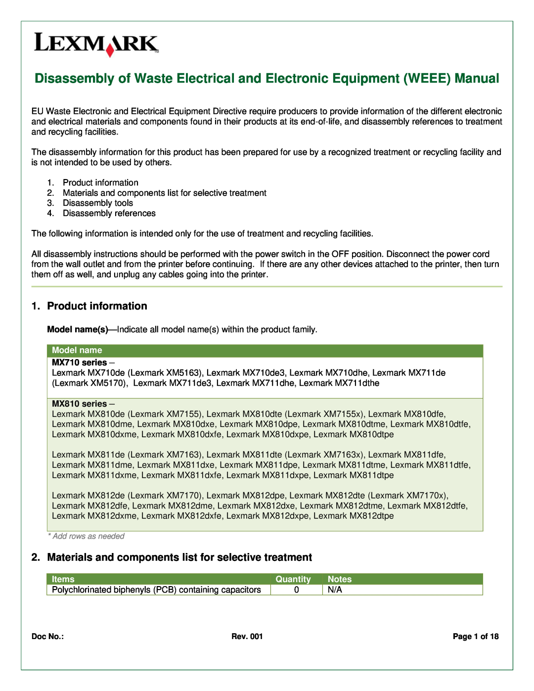 Lexmark MX810DFE manual Product information, Materials and components list for selective treatment, Model name, Items 
