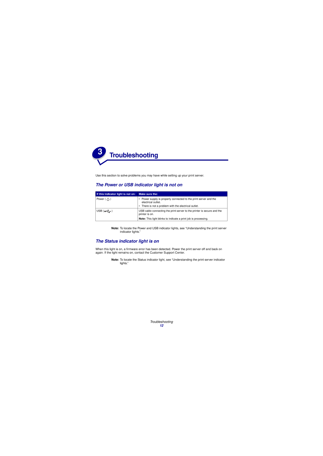 Lexmark N4000e manual Troubleshooting, Power or USB indicator light is not on, Status indicator light is on 