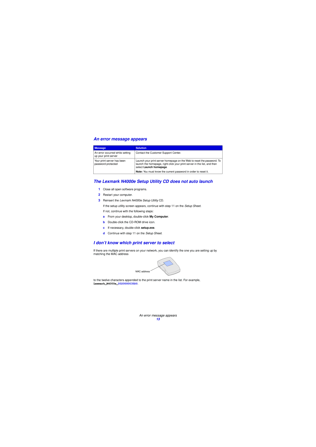 Lexmark manual An error message appears, Lexmark N4000e Setup Utility CD does not auto launch, Select Launch homepage 