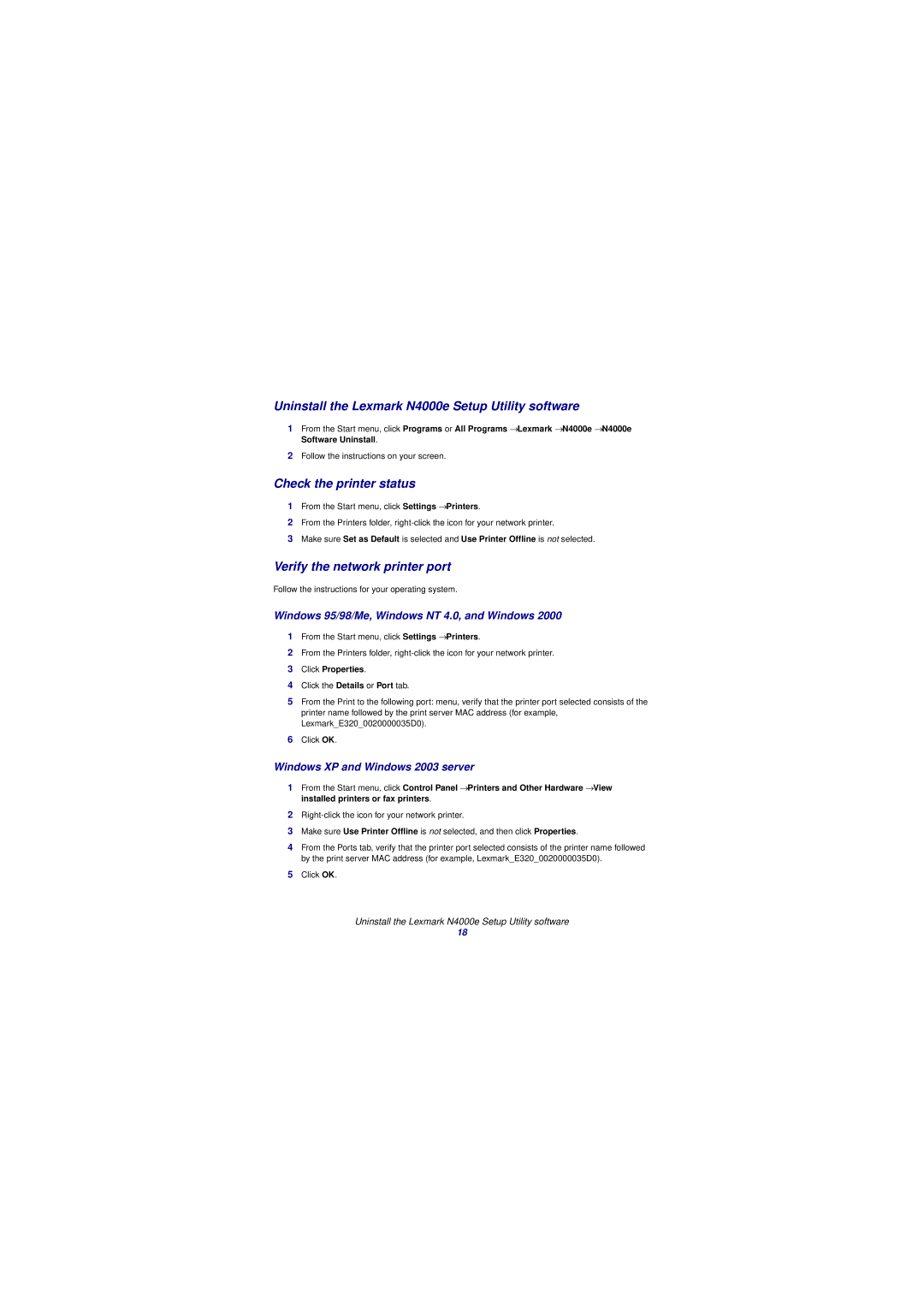 Lexmark Uninstall the Lexmark N4000e Setup Utility software, Check the printer status, Verify the network printer port 