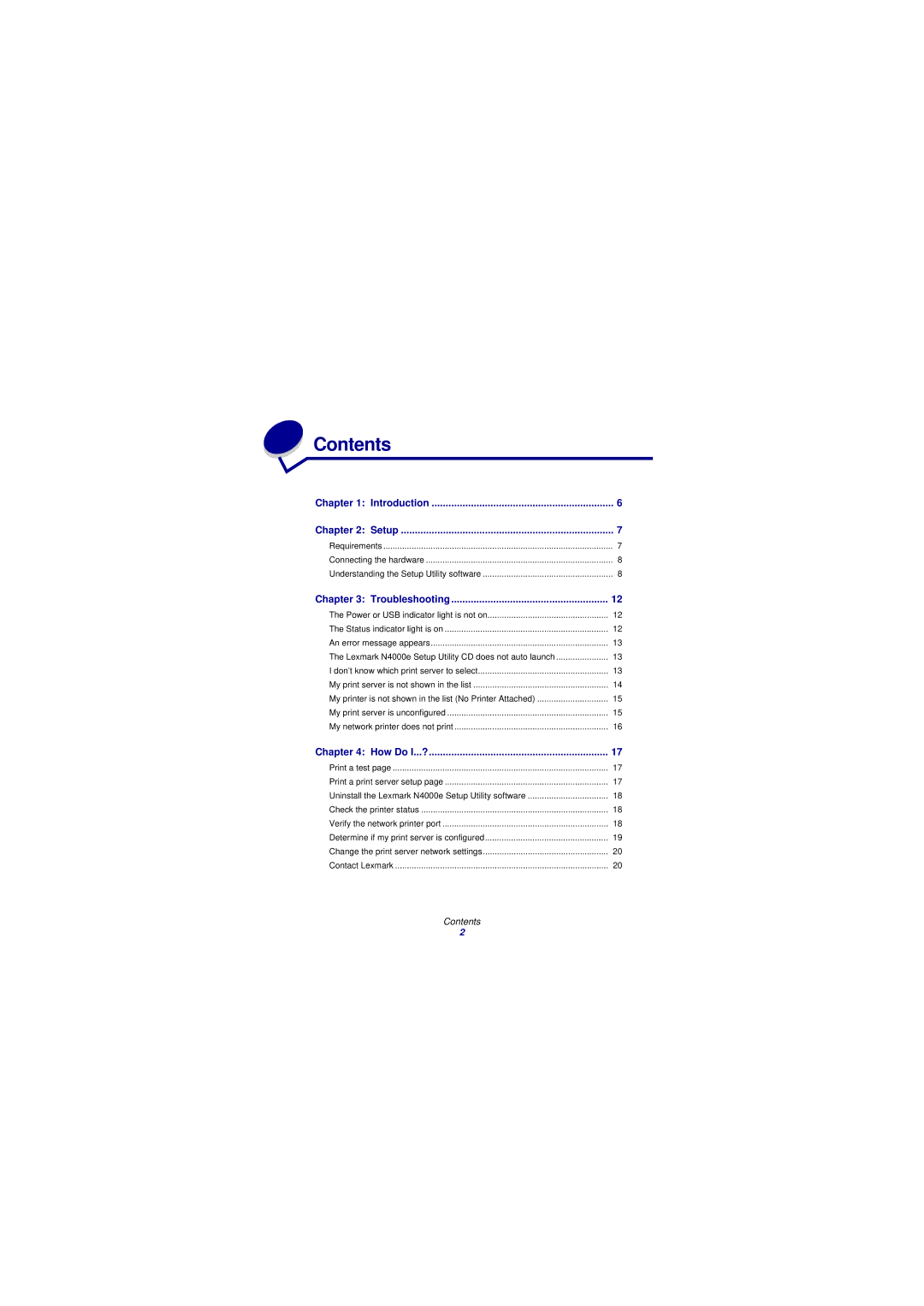 Lexmark N4000e manual Contents 