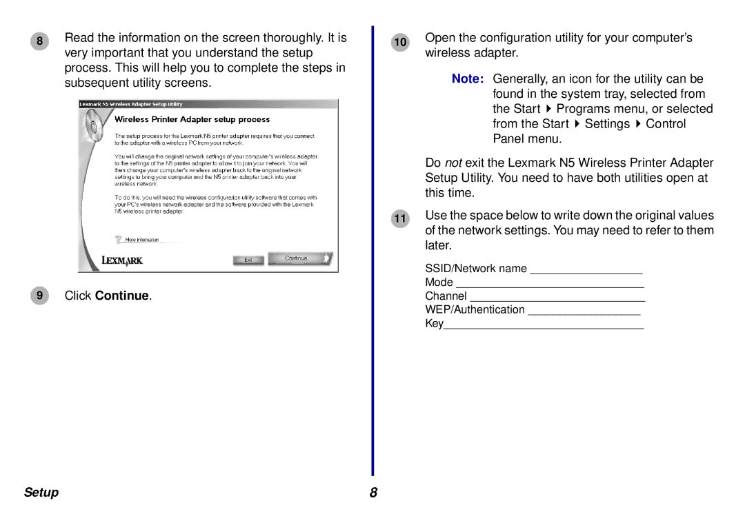 Lexmark N5 manual SSID/Network name Mode Channel WEP/Authentication Key 