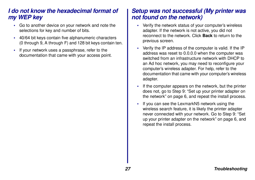 Lexmark N5 manual Do not know the hexadecimal format of my WEP key 