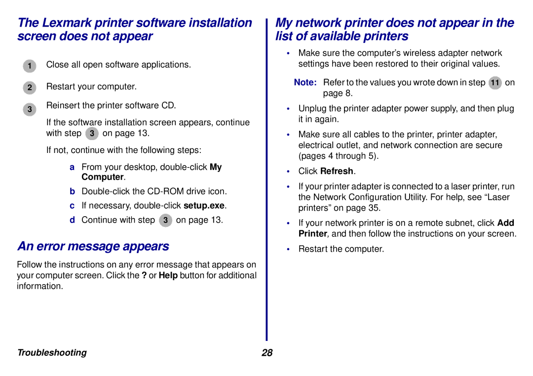 Lexmark N5 manual Lexmark printer software installation screen does not appear, An error message appears 