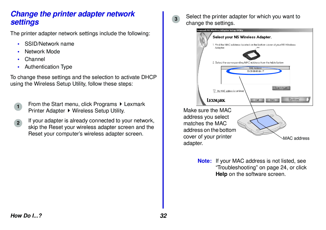 Lexmark N5 manual Change the printer adapter network settings 