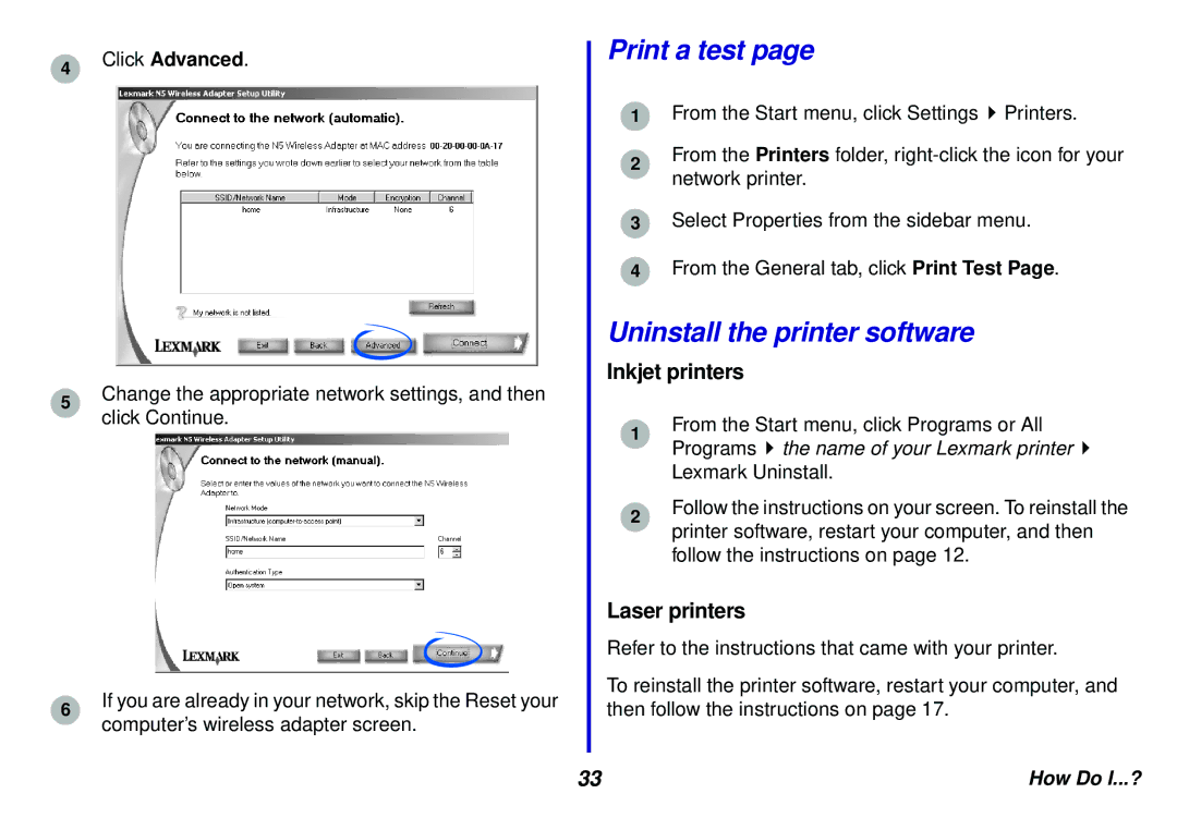 Lexmark N5 manual Print a test, Uninstall the printer software 