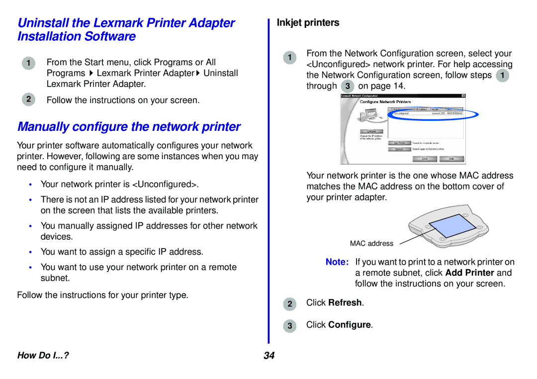 Lexmark N5 manual Uninstall the Lexmark Printer Adapter Installation Software, Manually configure the network printer 