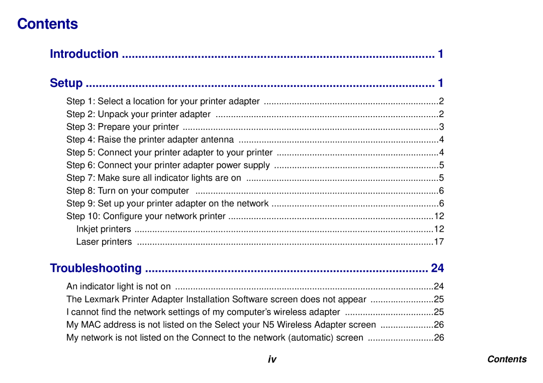 Lexmark N5 manual Contents 