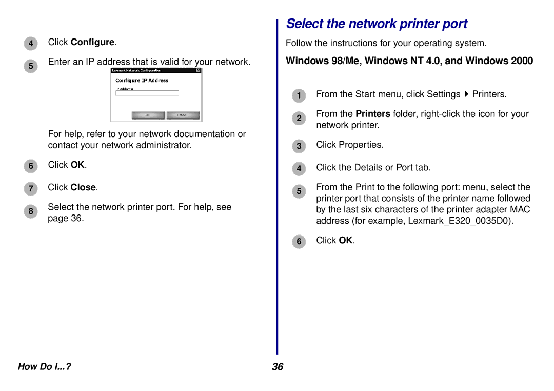 Lexmark N5 manual Select the network printer port, Windows 98/Me, Windows NT 4.0, and Windows 