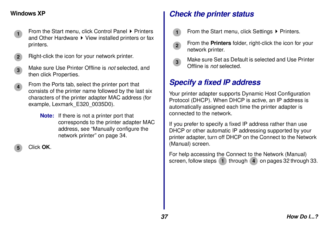 Lexmark N5 manual Check the printer status, Specify a fixed IP address 