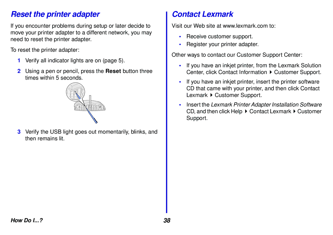 Lexmark N5 manual Reset the printer adapter, Contact Lexmark 