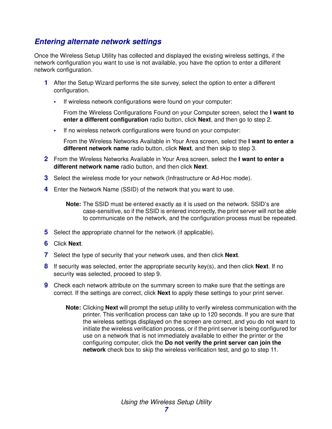 Lexmark N8050 manual Entering alternate network settings 