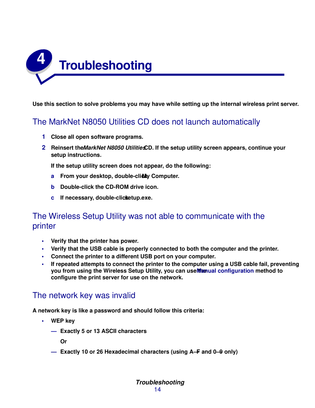 Lexmark manual Troubleshooting, MarkNet N8050 Utilities CD does not launch automatically, Network key was invalid 