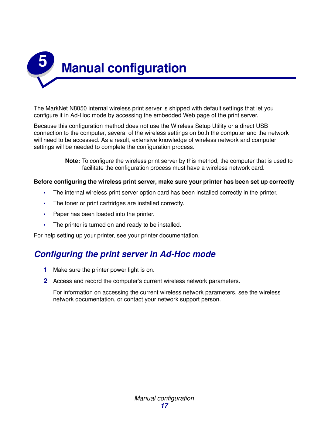 Lexmark N8050 manual Manual configuration, Configuring the print server in Ad-Hoc mode 